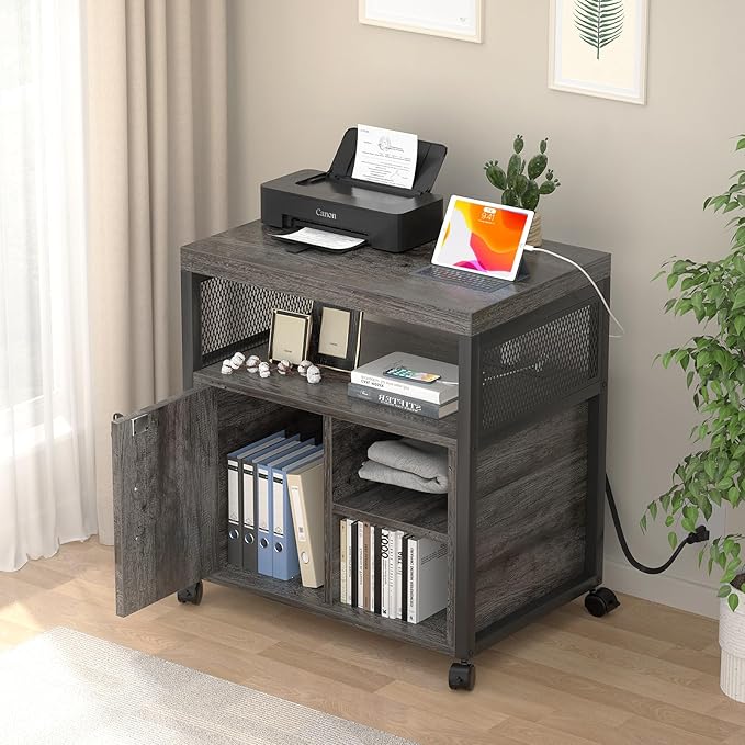 Unikito Rolling File Cabinet Lateral Office Filing Cabinets with Socket and USB Charging Port, Modern Printer Stand on Wheels Printer Cabinet with Door and Open Storage, Lockable, Black Oak-DeskLoop Office