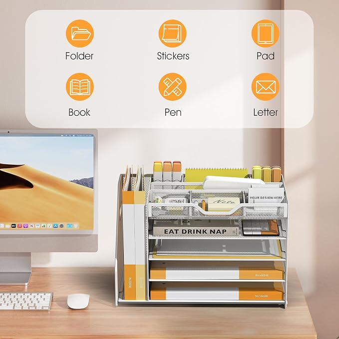 5 Tier Paper Letter Tray with File Holder and 3 Drop-in Pen Holders, Mesh Desk - Image 7
