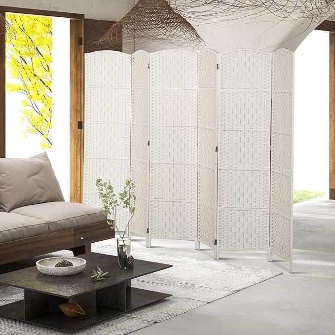 HOMCOM Room Divider, 6 Panel Folding Privacy Screen, 6FT Tall Portable Wicker Weave Partition Wall Divider for Bedroom, Home Office, White-DeskLoop Office