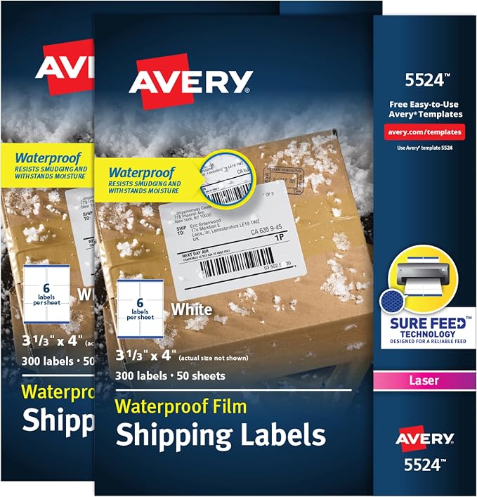 Avery Waterproof Labels with Ultrahold Permanent Adhesive, 3-1/3" x 4" by Avery
