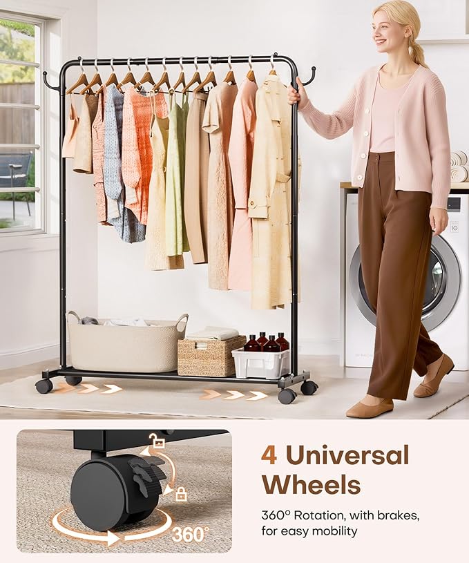 Homde Heavy Duty Clothes Rack: 120lb Standing Garment Storage for Indoor - Rolling Hanging Rod for Bedroom Laundry Room - Coat Dress Organizer on Wheels with luggage shelf (Black，46")-DeskLoop Office