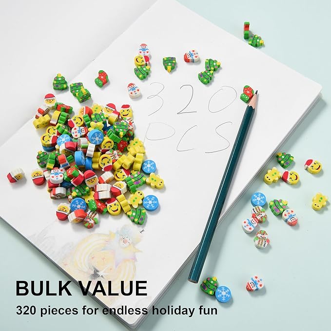 320pcs Mini Christmas Erasers for Kids Bulk, Cute Small Erasers for Christmas Party Favors Goodie Bags Stuffers Stocking Stuffers Holiday Gifts Classroom Rewards-DeskLoop Office