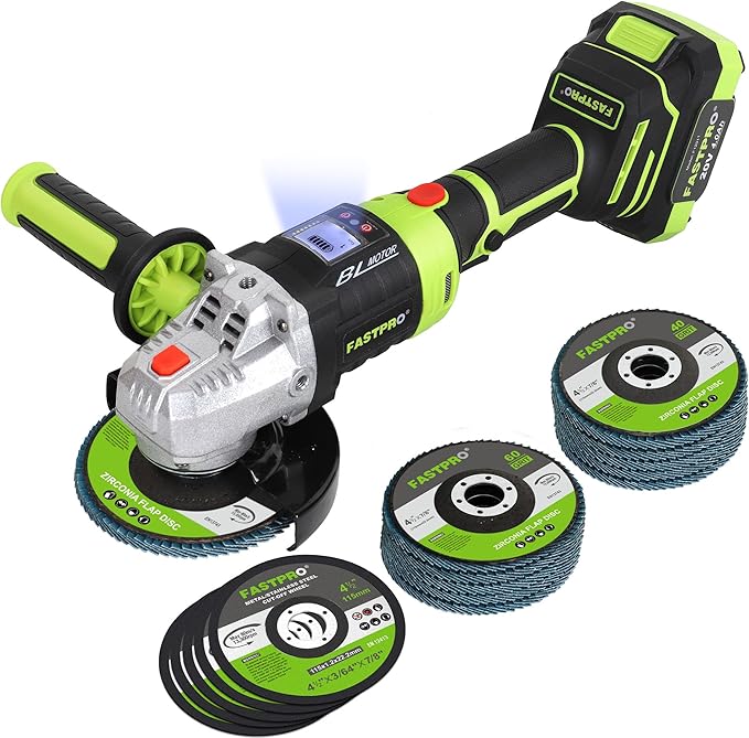 FASTPRO 20V Cordless Angle Grinder, 4-1/2 inch Cut-off Tool with Brushless Motor and 4.0 Ah Battery, Including 10PCS Flap Disc & 5PCS Cutting Wheels-DeskLoop Office