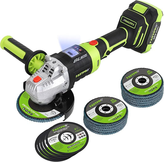 FASTPRO 20V Cordless Angle Grinder, 4-1/2 inch Cut-off Tool with Brushless Motor and 4.0 Ah Battery, Including 10PCS Flap Disc & 5PCS Cutting Wheels-DeskLoop Office