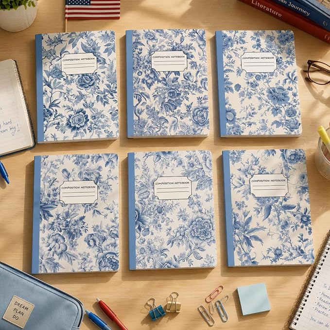 Harloon 6 Pack Composition Notebooks College Ruled Bulk Vintage Blue Flower - Image 6