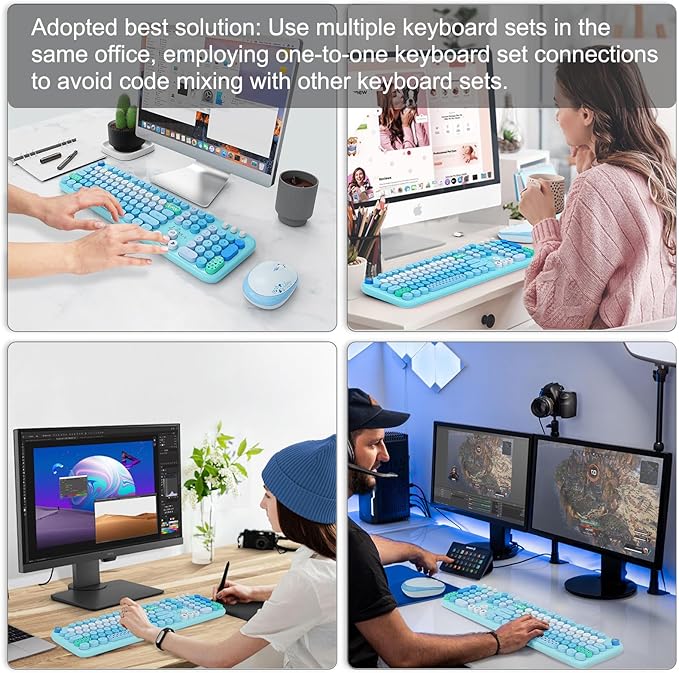 FOPETT Wireless Keyboard and Mouse Combo - 2.4G Full-Sized Cute Colorful Retro Keyboard with Round Keycaps 104 Keys Typewriter Keyboard for Laptop/Windows/PC-Blue Colorful-DeskLoop Office