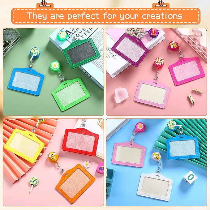 24 Sets Retractable Badge Reels Multicolor Name ID Card Holder PU Leather - Image 5