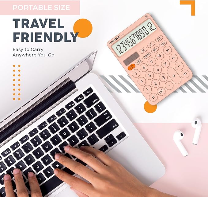 CATIGA 12 Digit Desktop Calculator Basic Desk Calculator with Large LCD Display, Big Buttons, 4 Function, Solar and Battery Dual Power, for Office, School, Home, SD-1292 Pink-DeskLoop Office