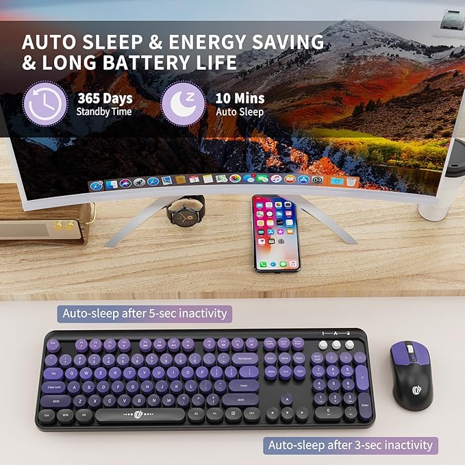 FOPETT Wireless Keyboard and Mouse Combo, 104 Keys Full-Sized 2.4 GHz Round Keycap Colorful Keyboards, USB Receiver Plug and Play, for Windows, Mac, PC, Laptop, Desktop (Black Purple)-DeskLoop Office