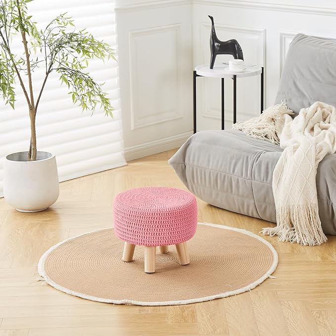 Wimarsbon Pouf Ottoman, 100% Cotton Knitted Boho Footstool, Round Footrest - Image 6