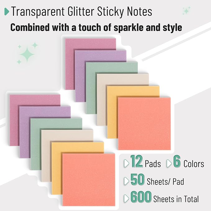 Mr. Pen- Transparent Glitter Sticky Notes, 12 Pads, 600 Sheets | Colorful - Image 2