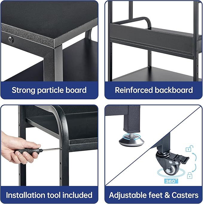32.3" x 18.9" Extra Large Printer Stand Table with Adjustable Storage Shelf, 3 Tier Rolling Printer Cart with Industrial Wheels for Home Office, Black-DeskLoop Office