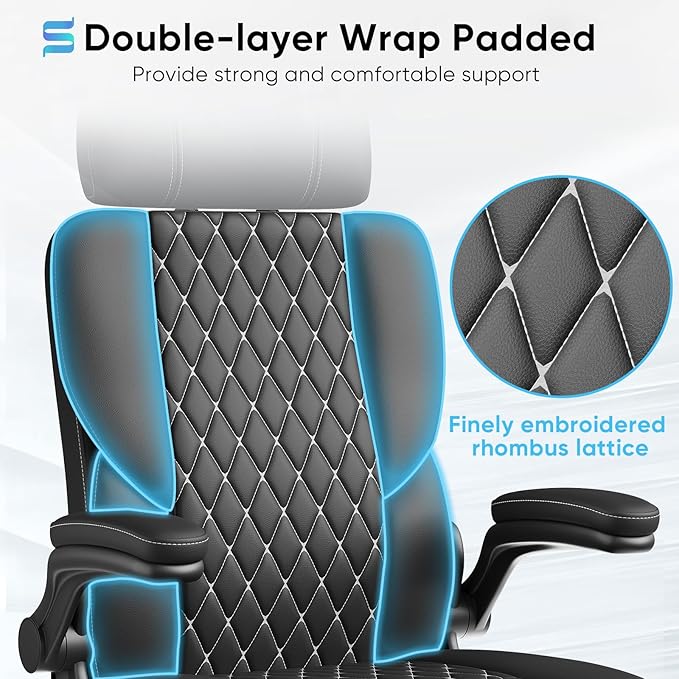 Sytas Executive Leather Office Chair, Comfy Desk Chair with Adjustable Headrest & Flip-up Padded Arms & Lumbar Support, Adjustable Hight and Tilt, Rolling Swivel Chair, Black-DeskLoop Office