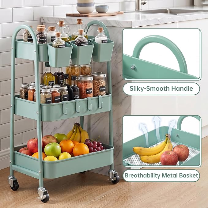 danpinera 3-Tier Rolling Cart, Utility Cart Mobile Metal Rolling Storage Cart - Image 3