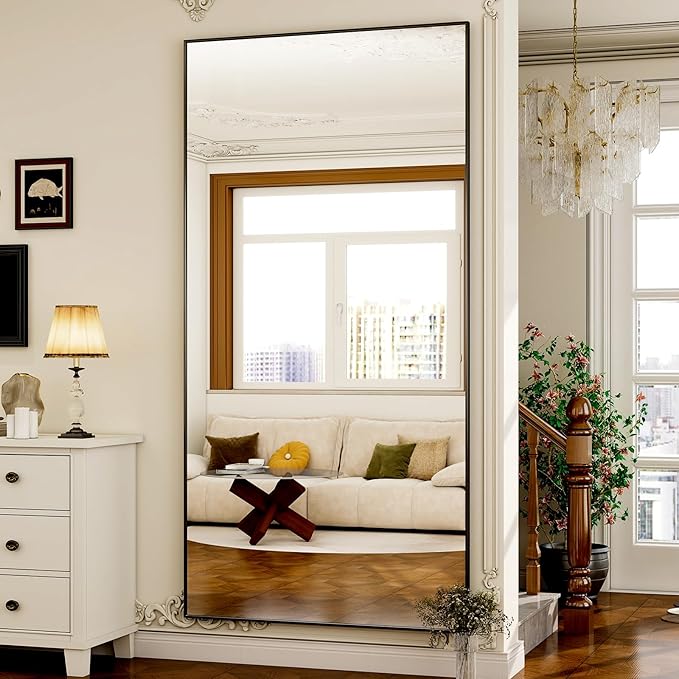 GLSLAND-38 x 77" Rectangular Full Length Mirror - Large Floor Mirrors Aluminum Alloy Frame Full Body Dressing Mirror for Bedroom, Living Room,Black-DeskLoop Office