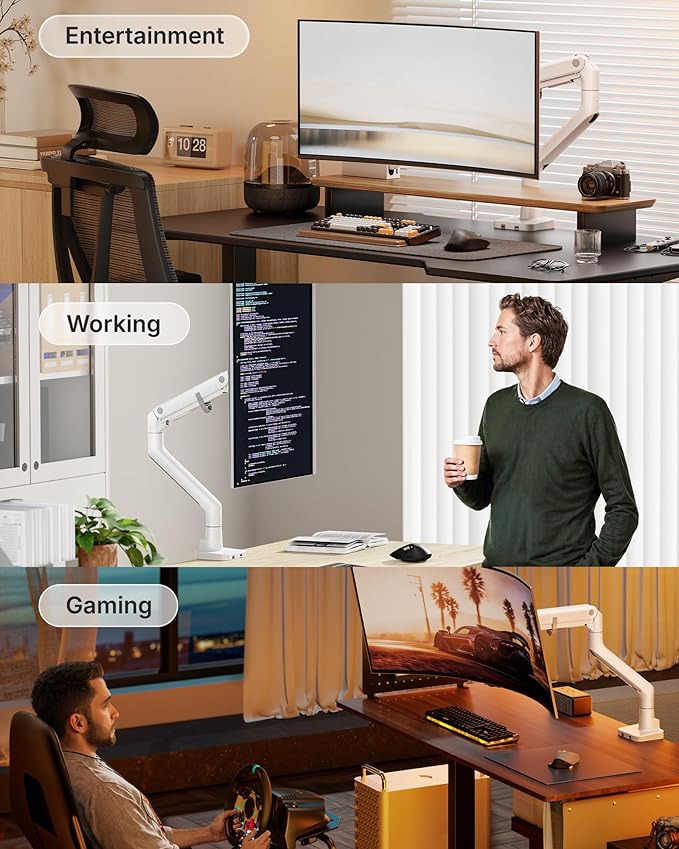 monTEK Single Monitor Arm with USB A/C, Ultrawide Monitor Stand for 17 to 57 Inch Curved Screen, Holds 59.4 lbs, Adjustable Gas Spring Arm, 75/100 VESA Mount, Clamp & Grommet Desk Mount, White-DeskLoop Office