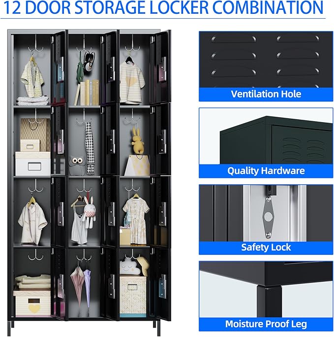 12 Doors Metal Lockers for Employees with Lock, Metal Locker with 12 Hooks for School Garage Office Gym Home,Assembly Required,Black-DeskLoop Office