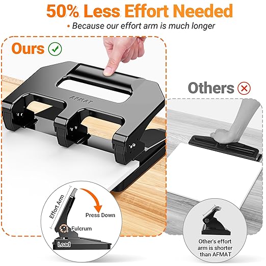 3 Hole Punch Heavy Duty, AFMAT 3 Hole Puncher for Binder, 10000+ Punching Times, 40-Sheet Three Hole Punch, Metal Hole Puncher 3 Ring, 50% Reduced Effort, Bulit-in S.S. Paper Guide, Last for Years