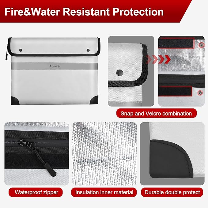 Fireproof Document Bag – 5200°F Heat-Resistant, 10.6"x14.2" Waterproof Money Pouch with 8-Layer Protection, Zipper and Snap Closure, Reflective Strip for Quick Access, Gray-DeskLoop Office