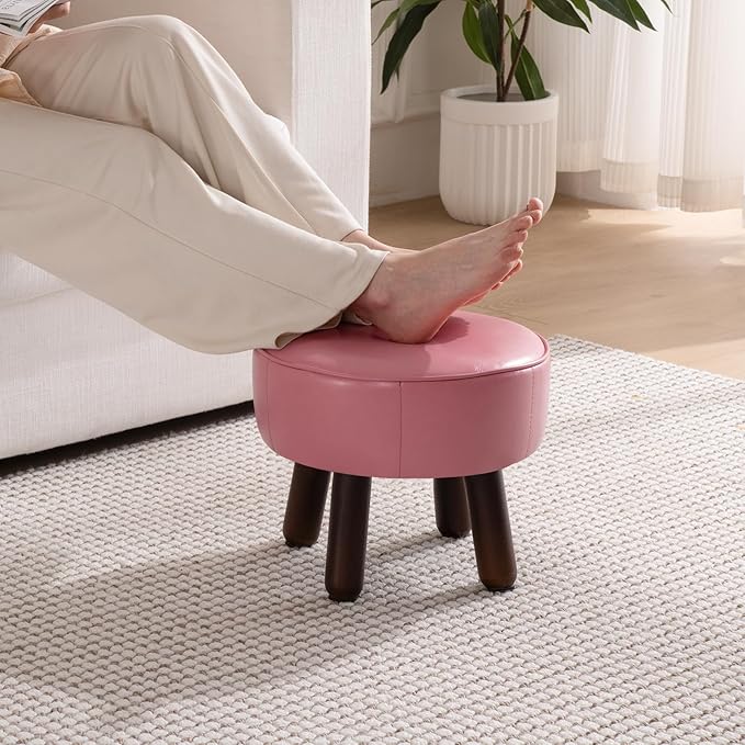 Small Foot Stool Round Pouf Ottoman, 13'' Leather Foot Rest with Non-Skid Rubber Legs, Foolstool Ottomans for Couch, Sofa Footrest Step Stool for Living Room Bedroom Entryway Office, Pink-DeskLoop Office