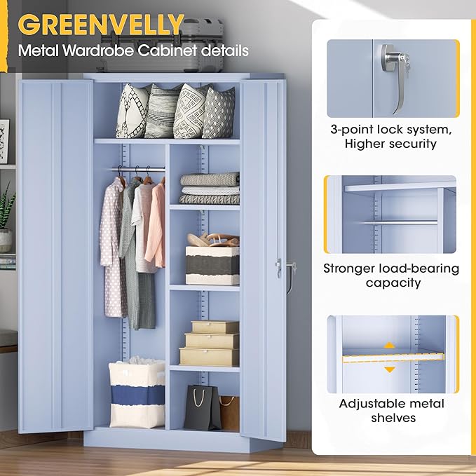 Greenvelly Metal Storage Wardrobe Cabinet with Lock, 72" Dark Grey Metal Wardrobe Closet for Hanging Clothes with Doors and Shelves, Modern Clothes Closet for Home, Office and Bedroom, School,Gym-DeskLoop Office