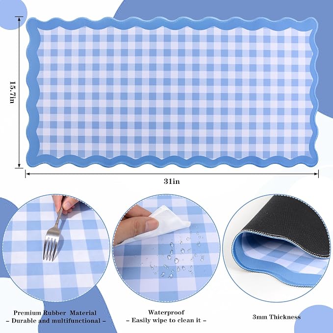 yuboo 31"×15.7" Scalloped Blue White Gingham Waterproof Pastel Desk Mat Vintage - Image 4