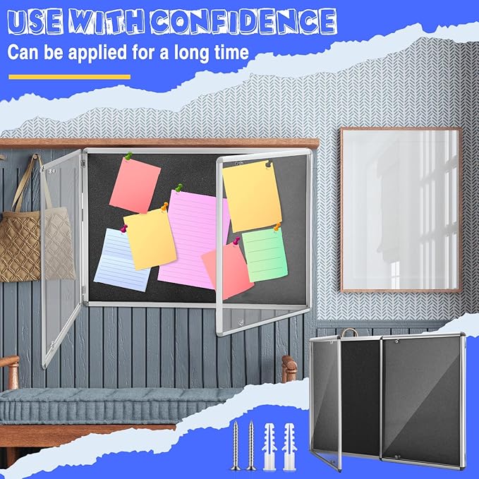 Enclosed Bulletin Board 48" x 36" Weather Resistant Lockable Notice Cork Display Board Wall Mounted 2 Locking Door for School Classroom Commercial Back to School, 12 x A4(Black, Silver Frame)-DeskLoop Office