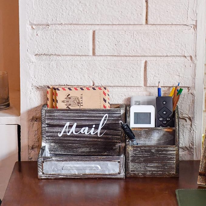OKSQW Farmhouse Mail Organizer Countertop Letter Sorter Caddy 2 Tier Rustic - Image 4