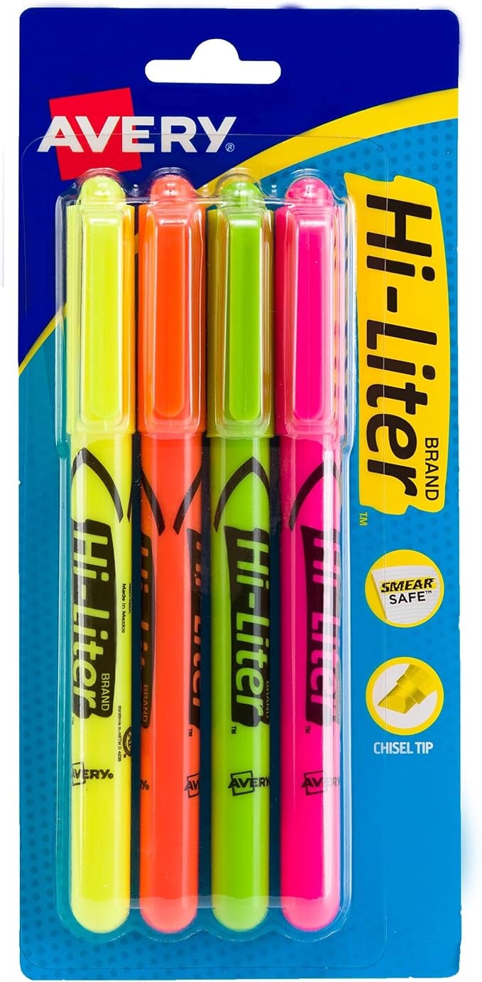 Avery Hi-Liter Pen-Style Highlighters, Smear Safe Ink, Chisel Tip, 4 Assorted by Avery