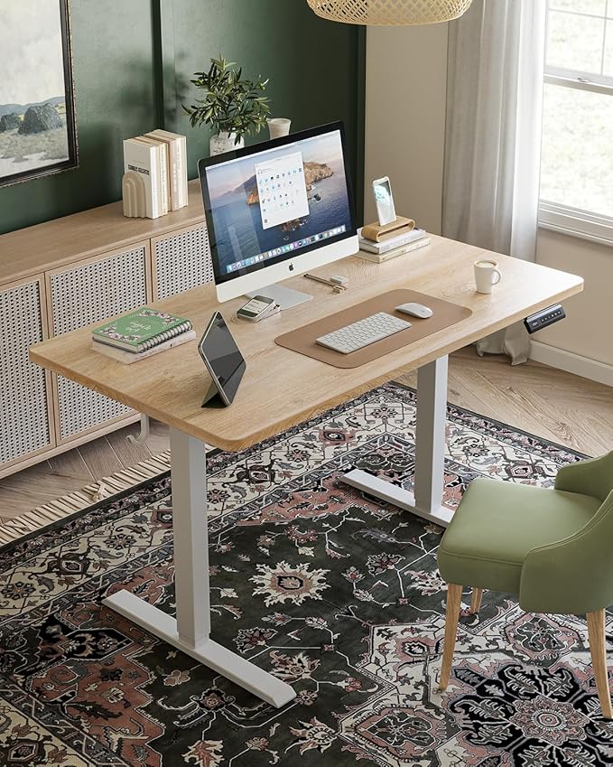 FEZIBO One-Piece Standing Desk Adjustable Height Stand up Home Office Desk, 48x24 Inch Electric Standing Computer Desk, with 4 Memory Presets, Fixable casters, Maple-DeskLoop Office