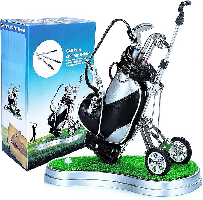 Golf Pen Holder with 3 Club Pens and Movable Golf Cart, Mini Golf Bag Desk Decor for Office, Funny Golf Gifts for Men, Dad, Boss - Stocking Stuffers for Golfers on Birthday, Christmas, Fathers Day-DeskLoop Office