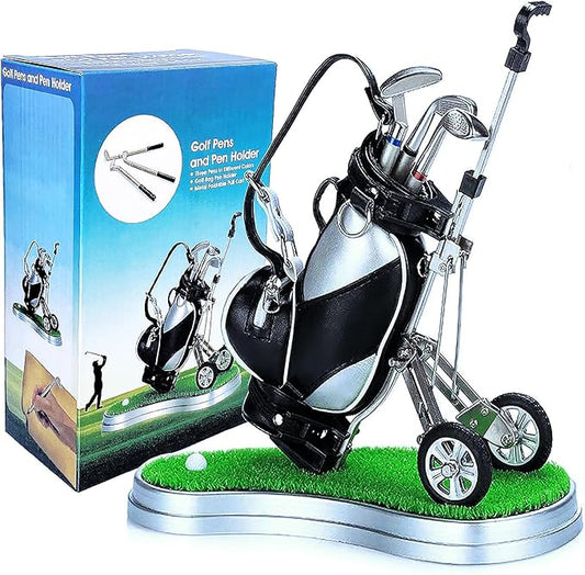 Golf Pen Holder with 3 Club Pens and Movable Golf Cart, Mini Golf Bag Desk Decor for Office, Funny Golf Gifts for Men, Dad, Boss - Stocking Stuffers for Golfers on Birthday, Christmas, Fathers Day-DeskLoop Office