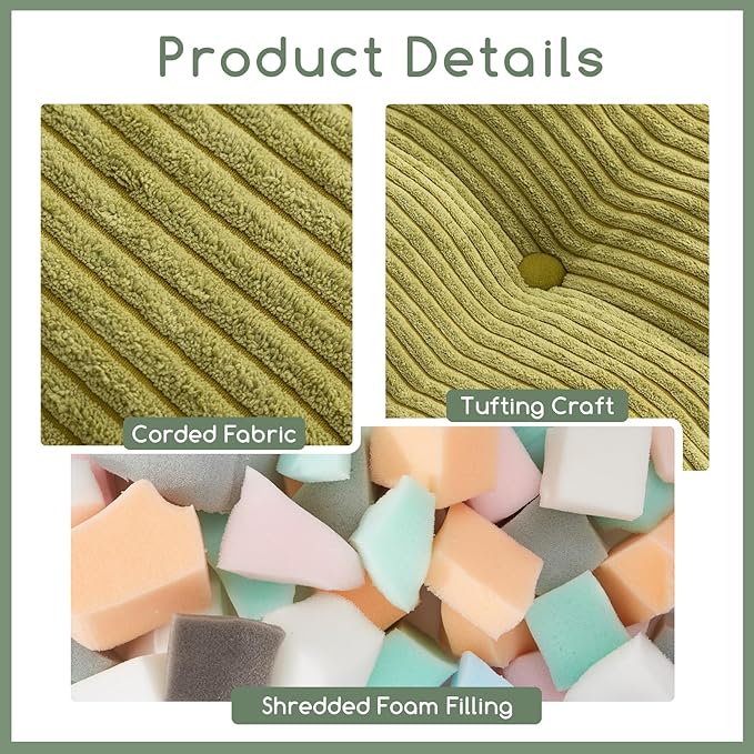 HIGOGOGO Square Stuffed Pouf Ottoman, Corduroy Poufs with Foam Chunk Filling, Furry and Fluffy Pouf Foot Stool Storage Ottoman, 25.6 X 25.6 Floor Poufs Foot Rest for Living Room, Green-DeskLoop Office