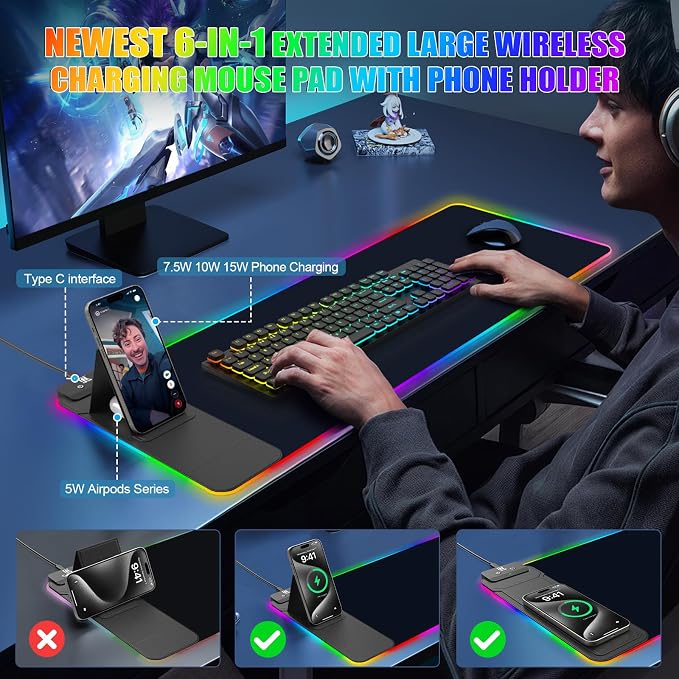 RGB Mouse Pad with Foldable Phone Stand Wireless Charger, 31.5"x11.8" XL Gaming - Image 3