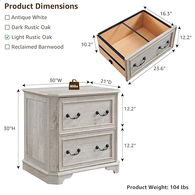 T4TREAM 2 Drawer File Cabinet-30 Wide Wooden Extended Desktop, Farmhouse Filing Cabinet with Smooth Rails, Holds Letter/Legal/A4, Hexagonal Design & Framed Drawer Fronts, Light Rustic Oak-DeskLoop Office