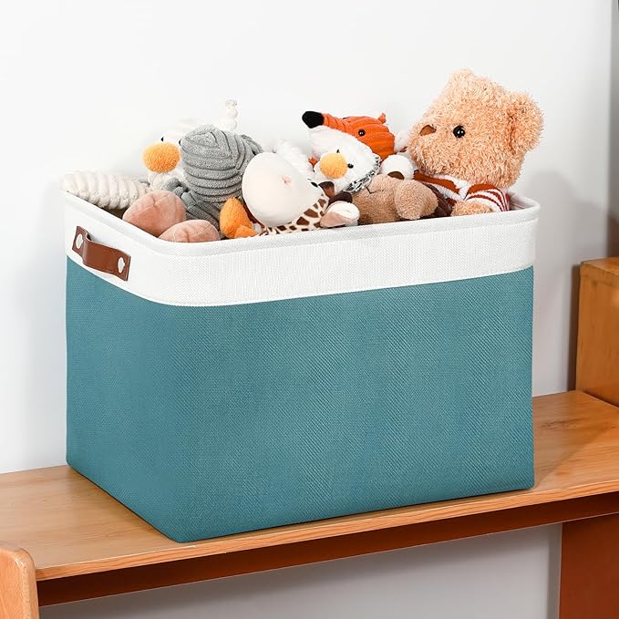 DULLEMELO Large Storage Basket, Collapsible Storage Bins Decorative Storage Baskets for Home Shelves Bedroom, Linen Fabric Basket with Leather Handles for Toys Books Organizing(White&Teal-DeskLoop Office