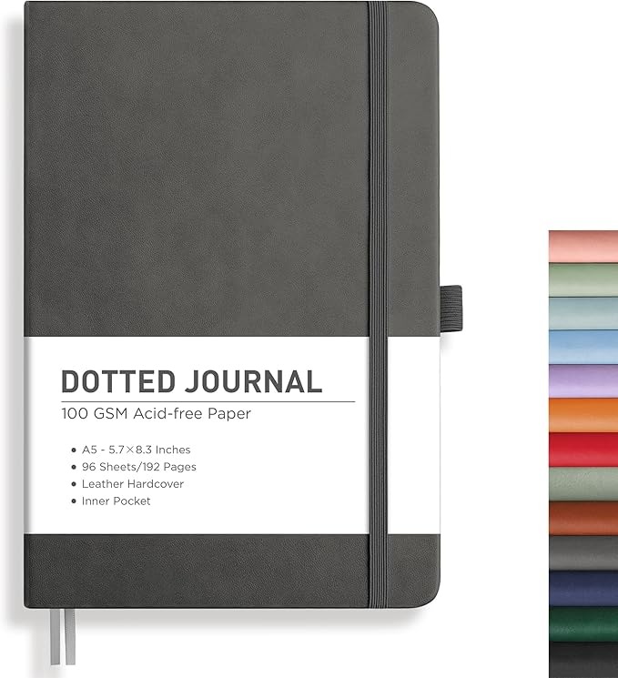 RETTACY Bullet Dotted Journal Notebook, 192 Pages, A5 Medium Size (5.7'' x 8.3''), Leather Hardcover, 100 GSM Thick Paper, for Bullet Journaling, Planning, Tracking (Gray)-DeskLoop Office