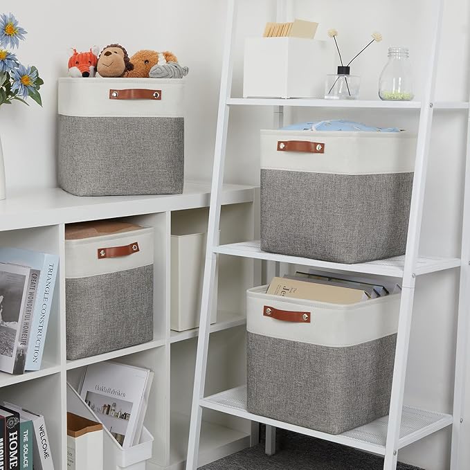 DULLEMELO [Set of 4 Storage Cubes Baskets for Organizing, 12 x 12 x 12 inch Cube Storage Organizer Bins with Leather Handles, Foldable Fabric Cloth Bins for Cube Storage(4 Pack - 12" White&Grey)-DeskLoop Office