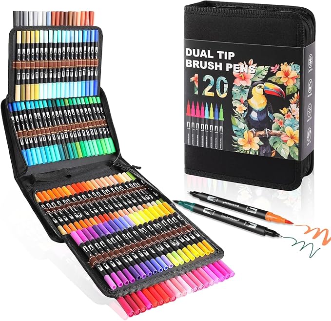 Double Brush Marker Pens, 120 Colors Art Markers Set with Fine Tip and Brush Tip for Kids Adult Coloring Book Hand Lettering Calligraphy Drawing Art Supplies Kit-DeskLoop Office