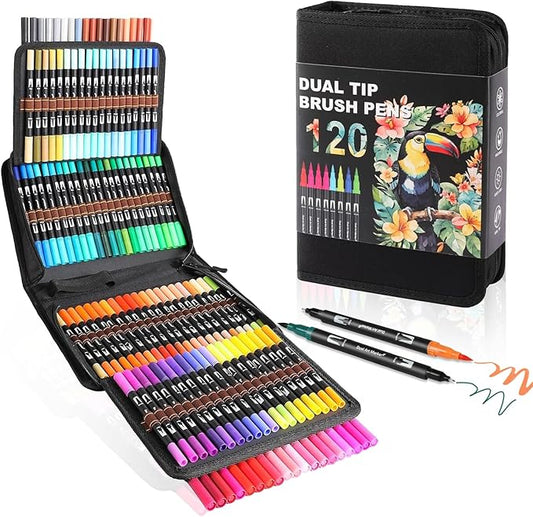 Double Brush Marker Pens, 120 Colors Art Markers Set with Fine Tip and Brush Tip for Kids Adult Coloring Book Hand Lettering Calligraphy Drawing Art Supplies Kit-DeskLoop Office