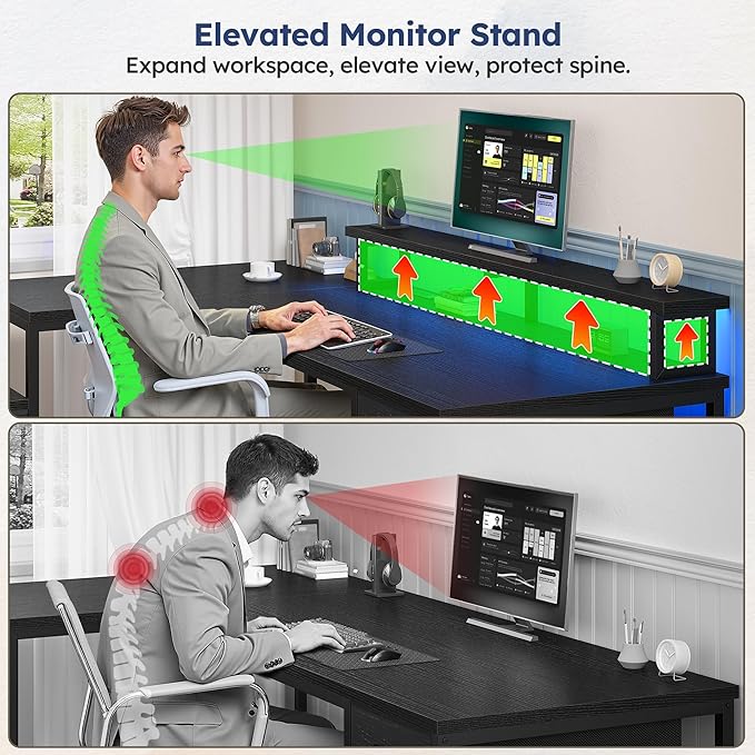 L Shaped Computer Desk with Drawers, Gaming Desk with LED Lights & Monitor Shelf, Office Desks with Power Outlets, Corner Desks for Home Office, Study Room and Bedroom, Black-DeskLoop Office