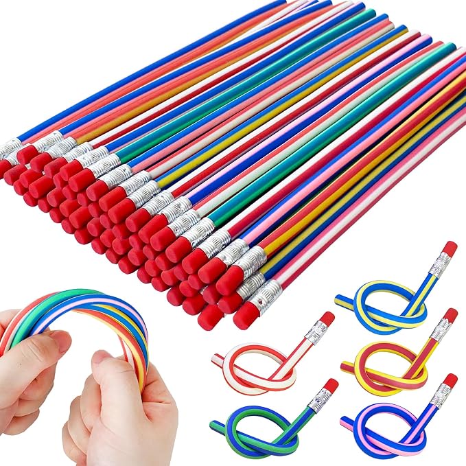 50 Pack Flexible Bendy Pencil, Colorful Stripe Soft Rubber Pencils by OJYUDD