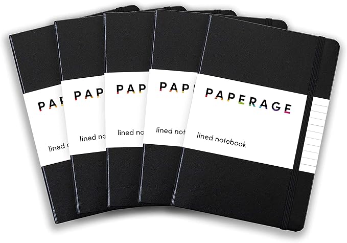 PAPERAGE Lined Journal Notebook, 5 Pack, (Black), 160 Pages, Medium 5.6 in x 8 in - 100 GSM Thick Paper – Hardcover Journaling Notebook for Work, School & Note Taking-DeskLoop Office