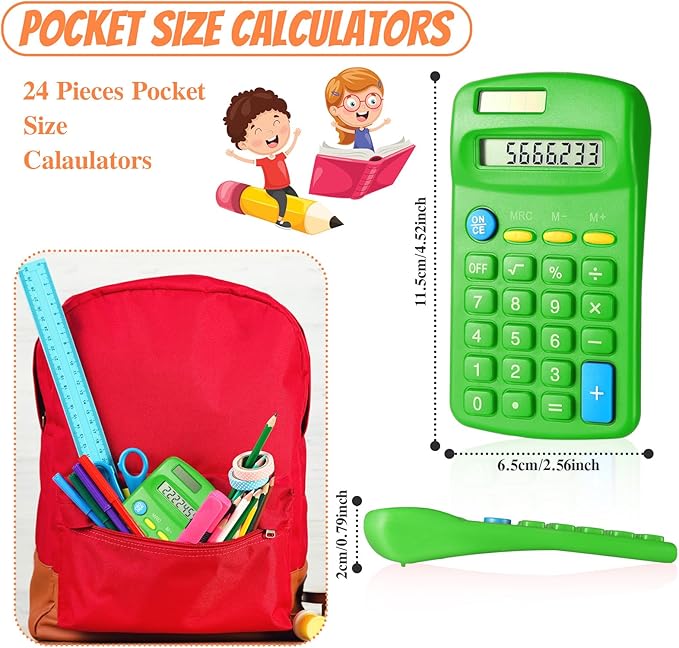 24 Pieces Basic Calculators for Students Small Pocket Size 8 Digit Display Mini Calculators Dual Powered Handheld for School Desktop Home(Green)-DeskLoop Office