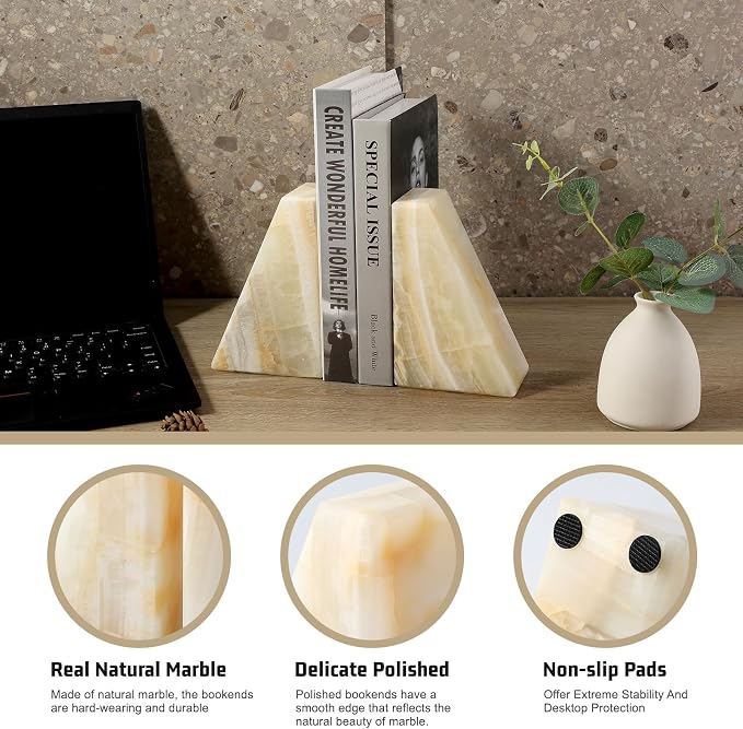 Marble Bookend for Heavy Books, Decorative Bookends for Shelves, Durable and - Image 4