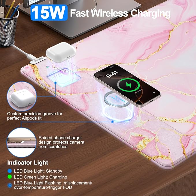 Pink Marble Mouse Pad with 15W Wireless Charging, 31.5"x15.8" Large Gaming Desk - Image 2