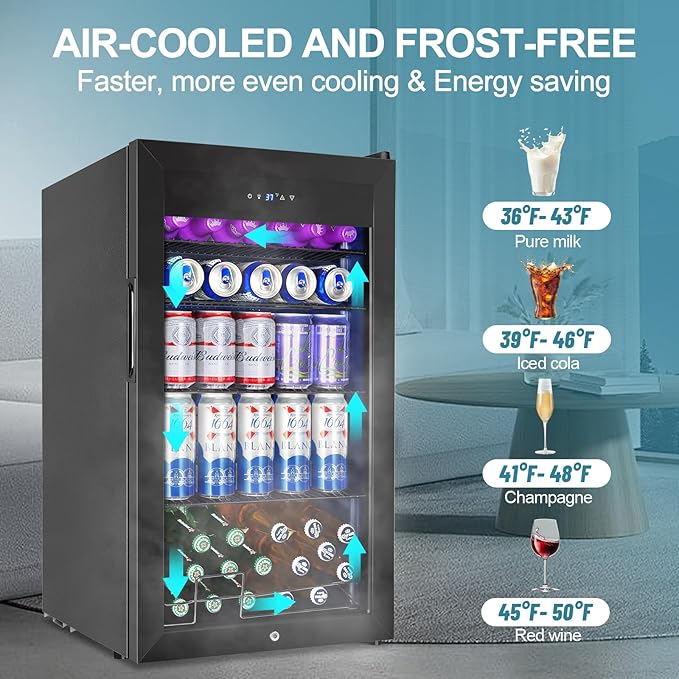 Beverage Refrigerator Cooler, 128 Cans 3.2 Cu.Ft Mini Fridge Glass Door for Drink Beer Soda Wine, Small Fridge with 4 Adjustable Removable Shelves for Kitchen, Bedroom, Office, Bar, Gaming Room, Black-DeskLoop Office