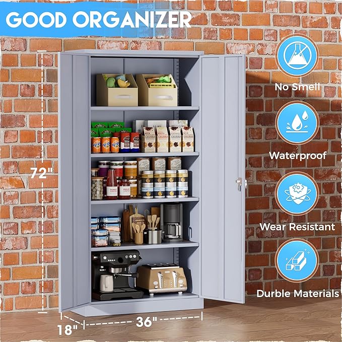 Greenvelly Metal Storage Cabinet with Doors, 72" Lockable Steel Garage Storage Cabinet with Shelves, Dark Grey 36" W x 18" D-DeskLoop Office