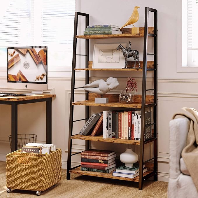 IRONCK Industrial Bookshelves and Bookcases, Ladder Shelf 5 Tiers with Metal Frame for Living Room, Home Office, Rustics Brown-DeskLoop Office