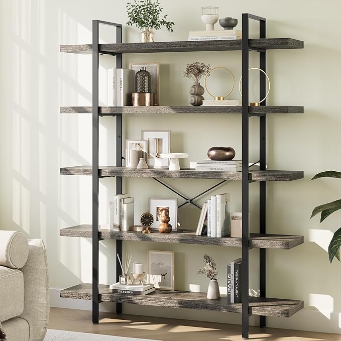 Heavy Duty 5-Tier Industrial Bookcase, 47" Wide Wood Bookshelf for Home Office, 120lbs Shelf Capacity, Rustic Shelving Display with Reinforced Horizontal Shelf for Living Room Bedroom,Grey-DeskLoop Office